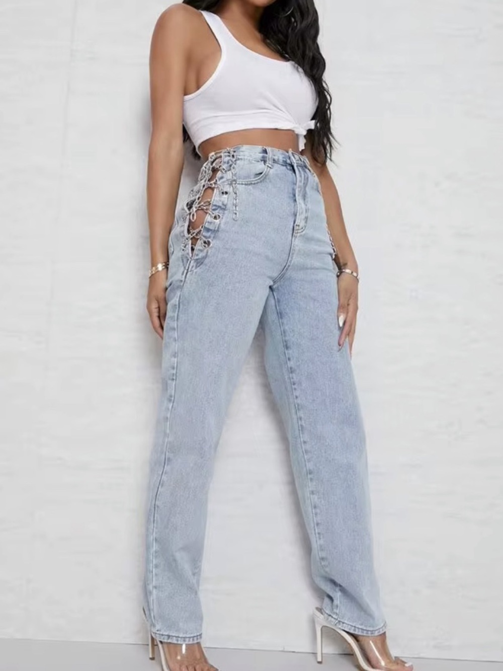 High Waist Chain Detail Lace-up Side Straight Leg Jeans